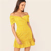 Green Off Shoulder Wrap Front Ruffle Hem Ditsy Floral Mini Dress Women Summer Puff Sleeve High Waist Boho Slim Dresses | Vimost Shop.