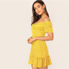 Green Off Shoulder Wrap Front Ruffle Hem Ditsy Floral Mini Dress Women Summer Puff Sleeve High Waist Boho Slim Dresses | Vimost Shop.