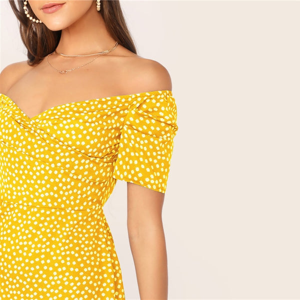 Green Off Shoulder Wrap Front Ruffle Hem Ditsy Floral Mini Dress Women Summer Puff Sleeve High Waist Boho Slim Dresses | Vimost Shop.