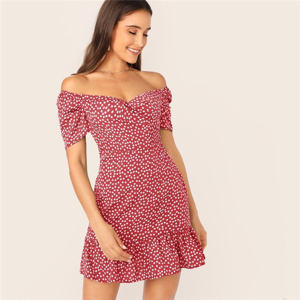 Green Off Shoulder Wrap Front Ruffle Hem Ditsy Floral Mini Dress Women Summer Puff Sleeve High Waist Boho Slim Dresses | Vimost Shop.