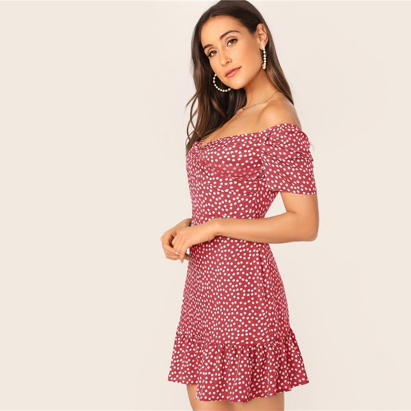 Green Off Shoulder Wrap Front Ruffle Hem Ditsy Floral Mini Dress Women Summer Puff Sleeve High Waist Boho Slim Dresses | Vimost Shop.