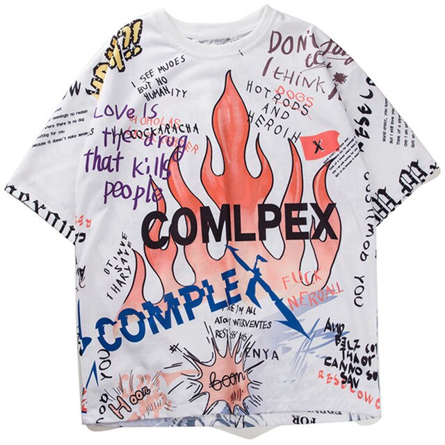 Mens Short Sleeve T-shirt Graffiti Tees Shirts Flame Print Skateboard Tshirts Male Cotton Hip Hop Streetwear KJ54 | Vimost Shop.