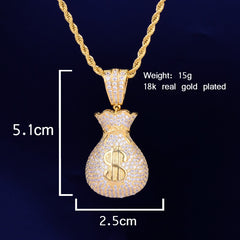 Men's Dollar bag Pendant Necklace Tennis Chain Cuban chain Gold Color Bling Cubic Zircon Hip hop Rock Jewelry