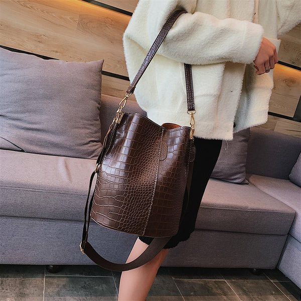 Fashion Pu Leather Big Bag Women's New Crocodile Shoulder Bucket Bag Large Capacity Travel Broadband Ladies Party Messenger Bag | Vimost Shop.