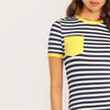 Pocket Patched Striped Ringer Tshirt Casual Dress Women Short Sleeve Preppy Round Neck Summer Dress Slim Bodycon Dresses | Vimost Shop.
