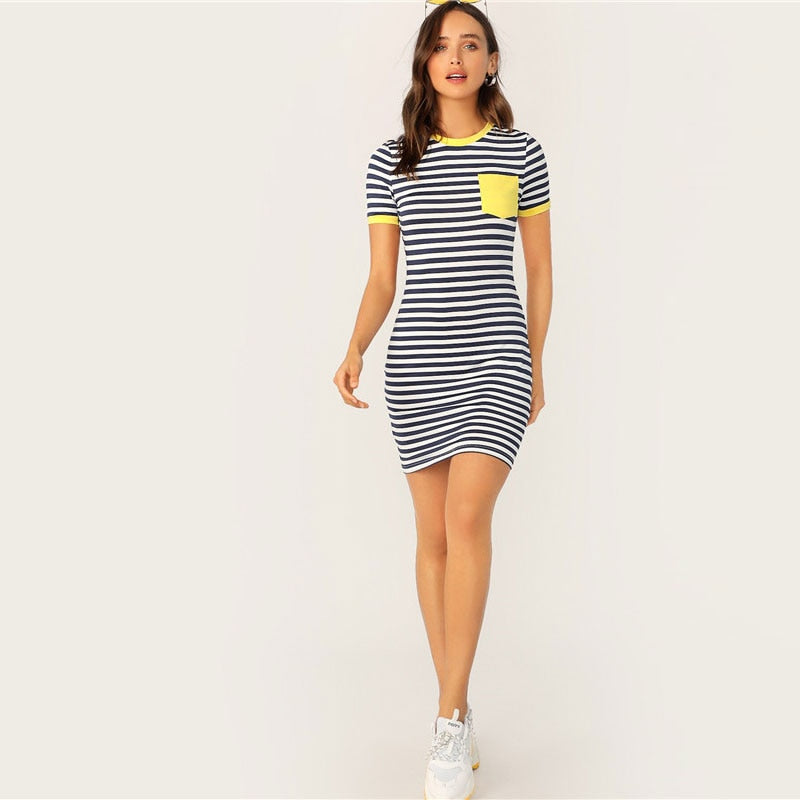 Pocket Patched Striped Ringer Tshirt Casual Dress Women Short Sleeve Preppy Round Neck Summer Dress Slim Bodycon Dresses | Vimost Shop.