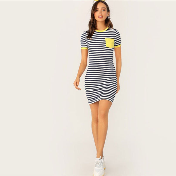 Pocket Patched Striped Ringer Tshirt Casual Dress Women Short Sleeve Preppy Round Neck Summer Dress Slim Bodycon Dresses | Vimost Shop.