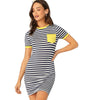 Pocket Patched Striped Ringer Tshirt Casual Dress Women Short Sleeve Preppy Round Neck Summer Dress Slim Bodycon Dresses | Vimost Shop.