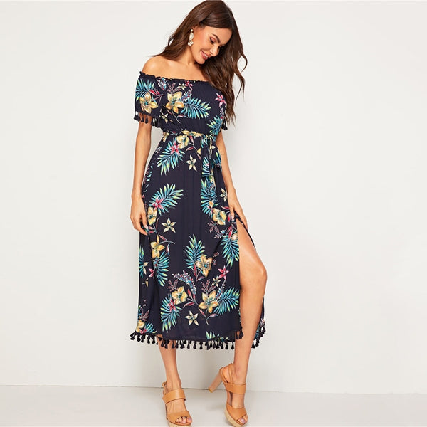 Navy Tropical Print Tassel Trim Split Thigh Belted Bardot Dress Women Summer Off the Shoulder High Waist Boho Long Dresses | Vimost Shop.