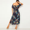 Navy Tropical Print Tassel Trim Split Thigh Belted Bardot Dress Women Summer Off the Shoulder High Waist Boho Long Dresses | Vimost Shop.