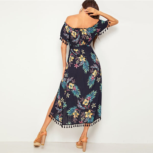 Navy Tropical Print Tassel Trim Split Thigh Belted Bardot Dress Women Summer Off the Shoulder High Waist Boho Long Dresses | Vimost Shop.