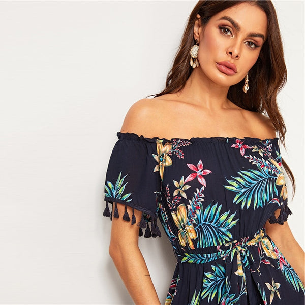 Navy Tropical Print Tassel Trim Split Thigh Belted Bardot Dress Women Summer Off the Shoulder High Waist Boho Long Dresses | Vimost Shop.