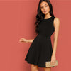 Sexy Black Lace Insert Open Back Skater Fit and Flare High Waist Sleeveless Fitted Mini Dress Women Summer Solid Dresses | Vimost Shop.