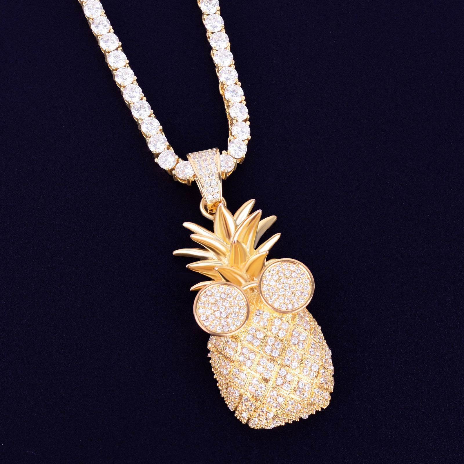 Gold Color Pineapple shape Necklace & Pendant With 4mm Tennis Chain AAA Cubic Zircon Men's Women Hip hop Rock Jewelry 2.4x5.8CM | Vimost Shop.