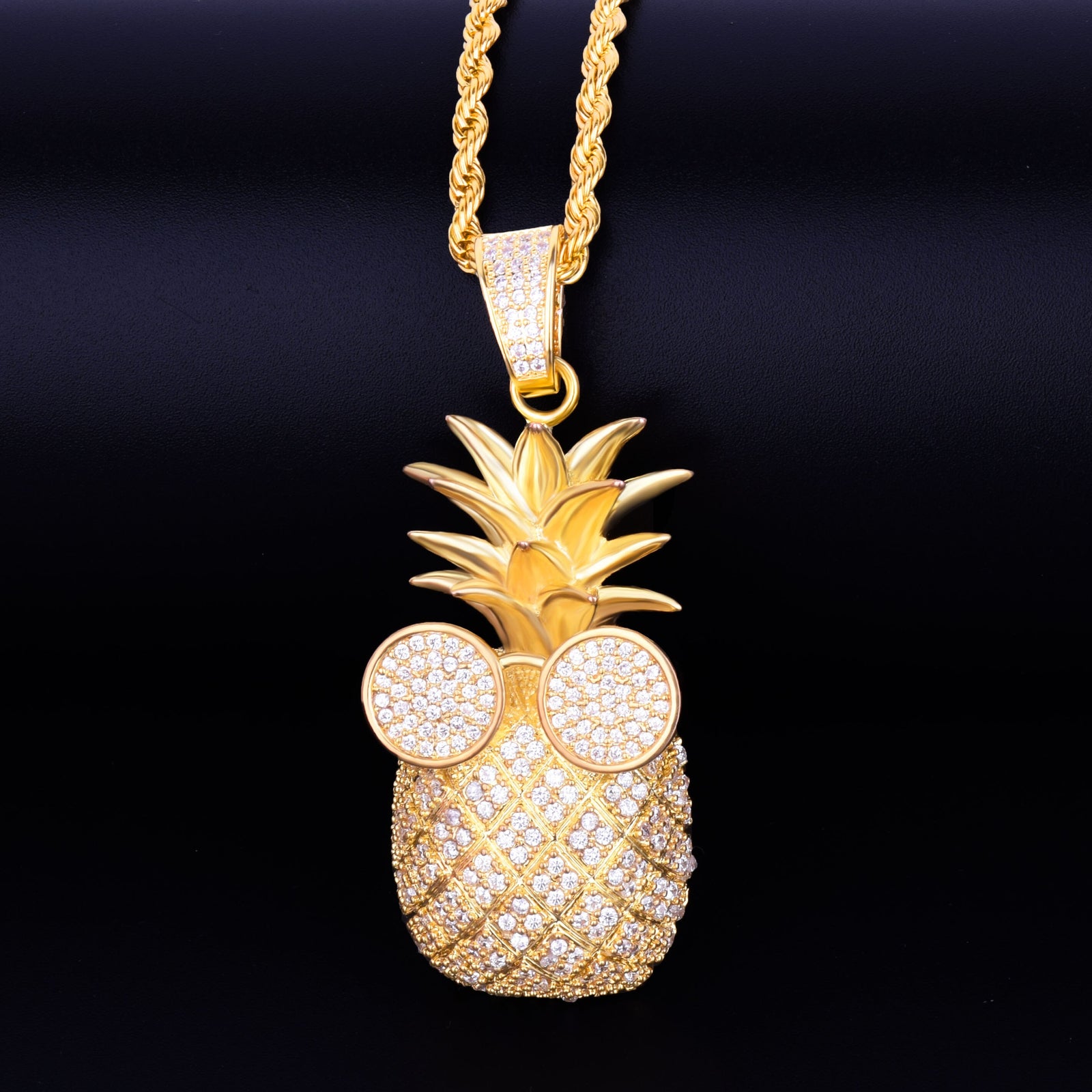 Gold Color Pineapple shape Necklace & Pendant With 4mm Tennis Chain AAA Cubic Zircon Men's Women Hip hop Rock Jewelry 2.4x5.8CM | Vimost Shop.