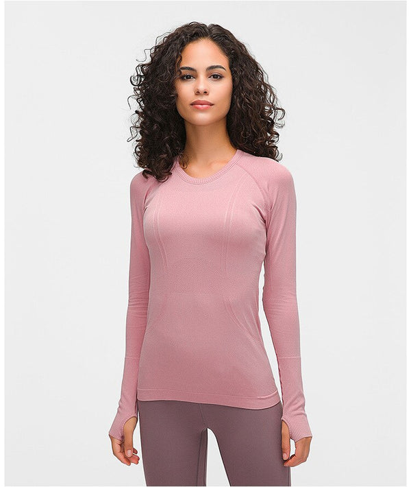 Seamless Slim Fit Yoga Shirts Workout Long Sleeved Shirts Women O-neck Sports Gym Fitness Tops with Thumb Holes Workout Top | Vimost Shop.