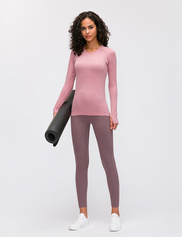 Seamless Slim Fit Yoga Shirts Workout Long Sleeved Shirts Women O-neck Sports Gym Fitness Tops with Thumb Holes Workout Top | Vimost Shop.