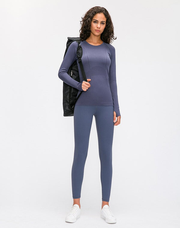 Seamless Slim Fit Yoga Shirts Workout Long Sleeved Shirts Women O-neck Sports Gym Fitness Tops with Thumb Holes Workout Top | Vimost Shop.