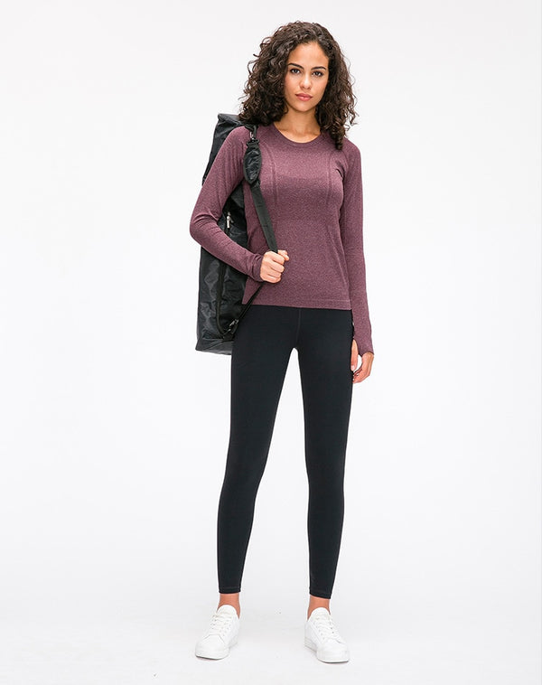 Seamless Slim Fit Yoga Shirts Workout Long Sleeved Shirts Women O-neck Sports Gym Fitness Tops with Thumb Holes Workout Top | Vimost Shop.
