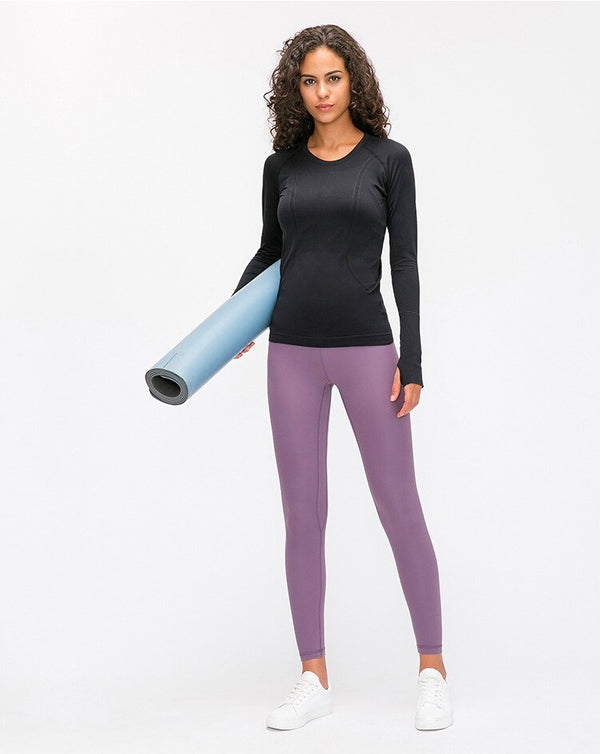 Seamless Slim Fit Yoga Shirts Workout Long Sleeved Shirts Women O-neck Sports Gym Fitness Tops with Thumb Holes Workout Top | Vimost Shop.