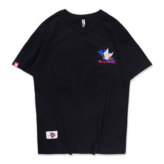 Streetwear Japanese Style Sun Waves TShirts Mens Crane Embroidery Short Sleeve T-shirts Hip Hop Black Cotton Loose Tees