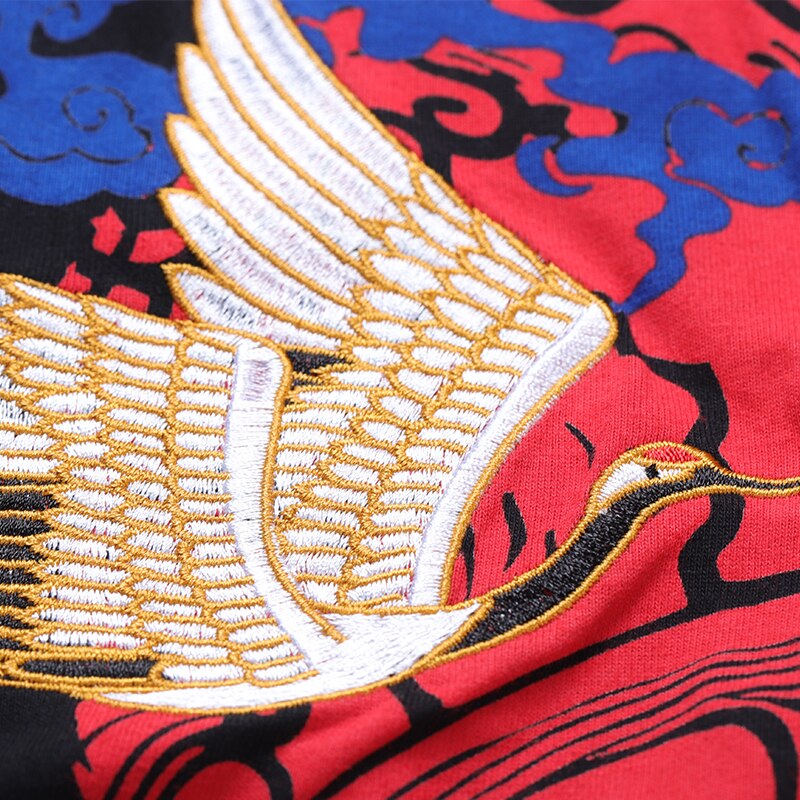Streetwear Japanese Style Sun Waves TShirts Mens Crane Embroidery Short Sleeve T-shirts Hip Hop Black Cotton Loose Tees | Vimost Shop.