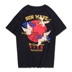 Streetwear Japanese Style Sun Waves TShirts Mens Crane Embroidery Short Sleeve T-shirts Hip Hop Black Cotton Loose Tees