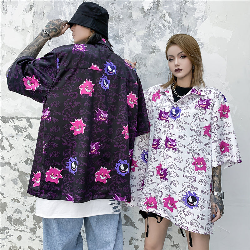 Hip Hop Casual Demon Print Short Sleeve Hawaiian Shirts Summer Floral Button Tropical Beach Hawaii Camp Oversized Shirt | Vimost Shop.