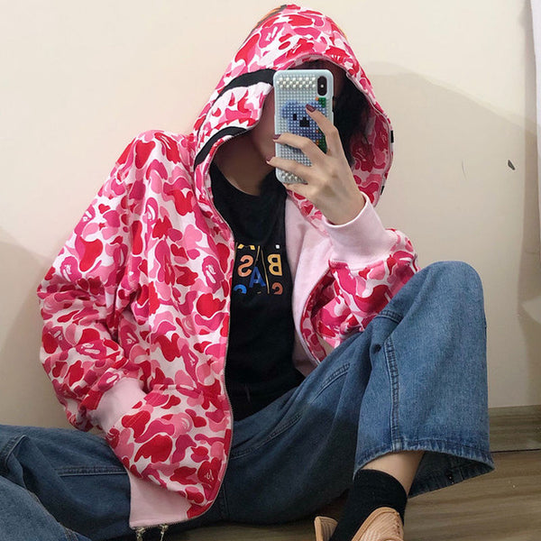 Japanese Shark Camouflage Print Zipper Sweatshirts | Vimost Shop.