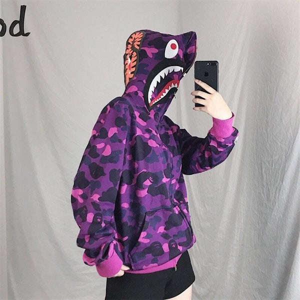 Japanese Shark Camouflage Print Zipper Sweatshirts | Vimost Shop.