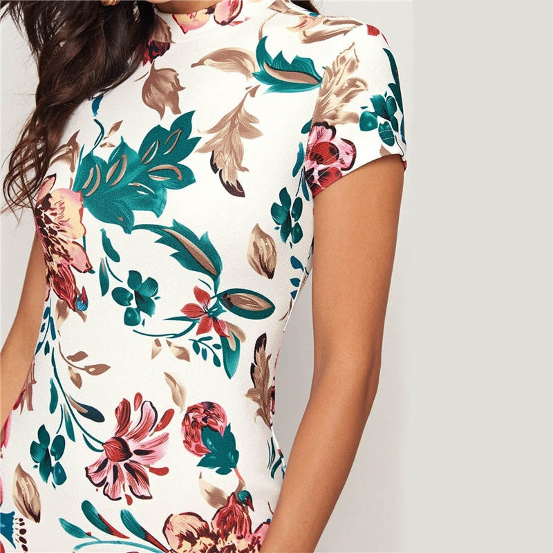 Multicolor Mock-Neck Form Fitted Floral Print Dress Cap Sleeve Bodycon Elegant Pencil Midi Dresses | Vimost Shop.