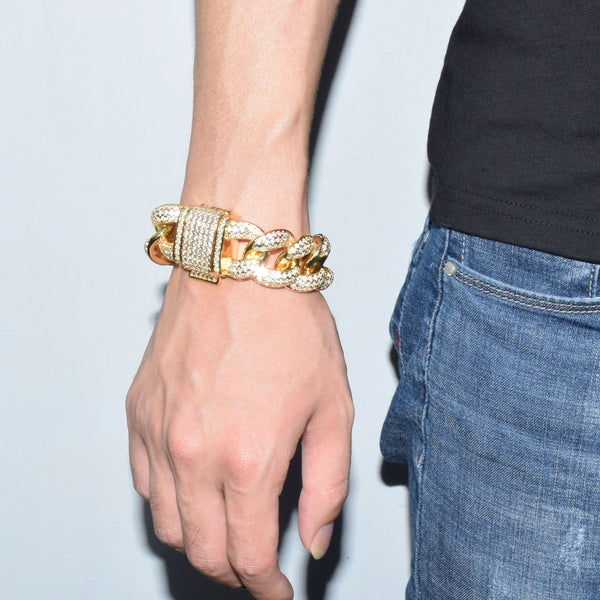 23mm Chunky Miami Cuban Chain Bracelet AAA Zirconia Men Hip hop Jewelry Gold Color Big Lock Bangle 7