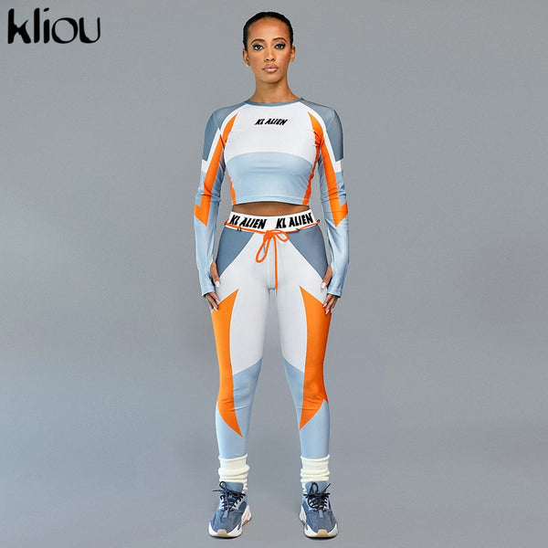 Women Long Sleeve CropTop Slim Outfit Tracksuit Two Pieces Set letter Print High elastic Skinny Leggings Female Sportswear | Vimost Shop.