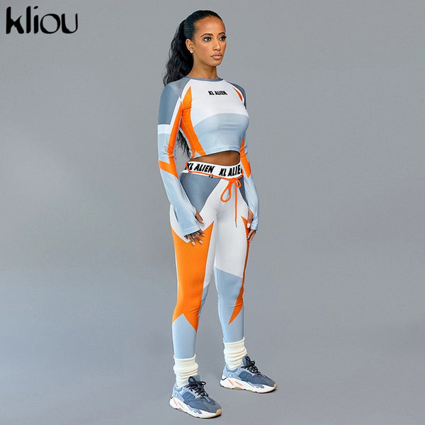 Women Long Sleeve CropTop Slim Outfit Tracksuit Two Pieces Set letter Print High elastic Skinny Leggings Female Sportswear | Vimost Shop.