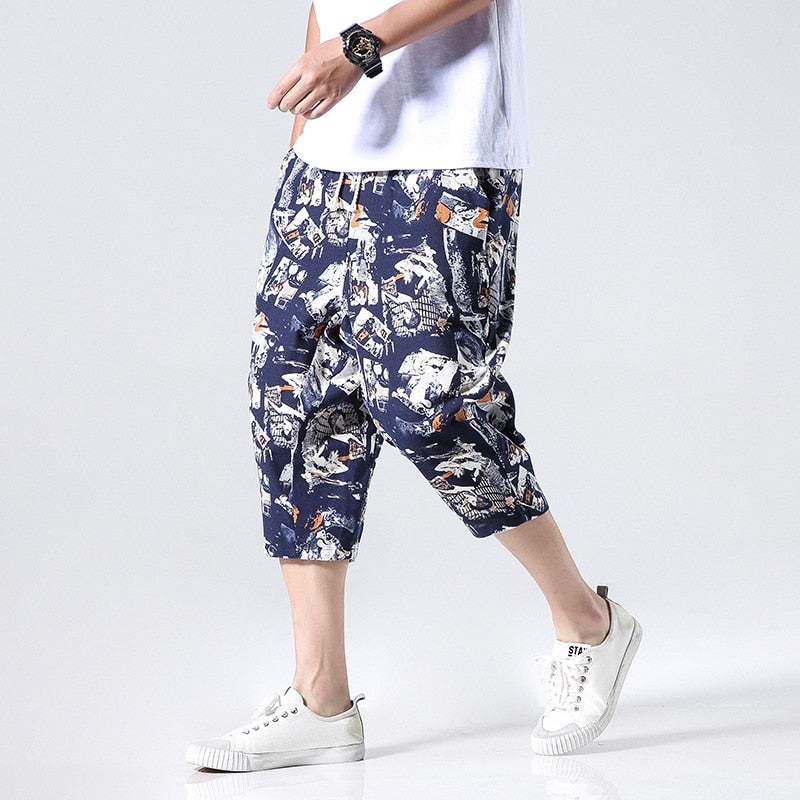 Streetwear New Chinese Style Male Printed Harem Pants Men Calf Length Cotton Linen Bermuda Masculina Male Pants | Vimost Shop.