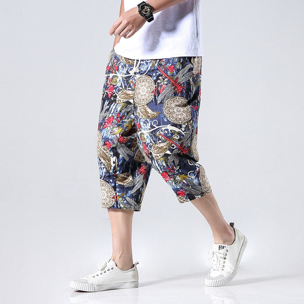Streetwear New Chinese Style Male Printed Harem Pants Men Calf Length Cotton Linen Bermuda Masculina Male Pants | Vimost Shop.