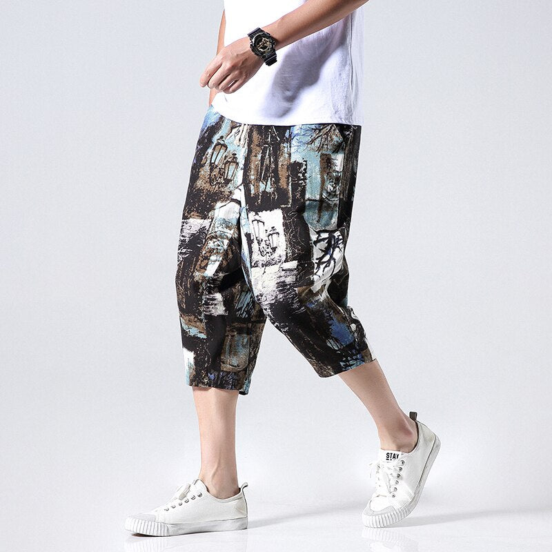 Streetwear New Chinese Style Male Printed Harem Pants Men Calf Length Cotton Linen Bermuda Masculina Male Pants | Vimost Shop.