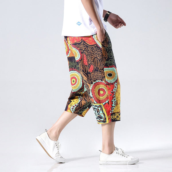 Streetwear New Chinese Style Male Printed Harem Pants Men Calf Length Cotton Linen Bermuda Masculina Male Pants | Vimost Shop.