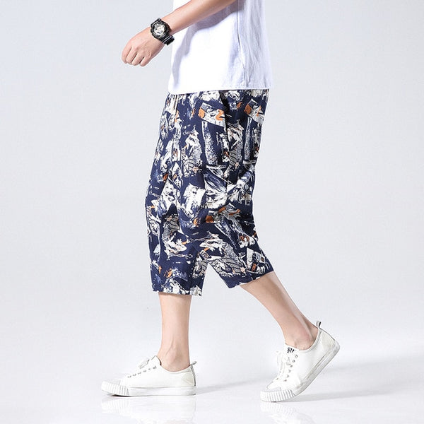 Streetwear New Chinese Style Male Printed Harem Pants Men Calf Length Cotton Linen Bermuda Masculina Male Pants | Vimost Shop.