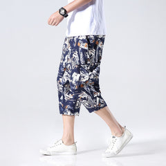 Streetwear New Chinese Style Male Printed Harem Pants Men Calf Length Cotton Linen Bermuda Masculina Male Pants