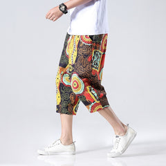 Streetwear New Chinese Style Male Printed Harem Pants Men Calf Length Cotton Linen Bermuda Masculina Male Pants