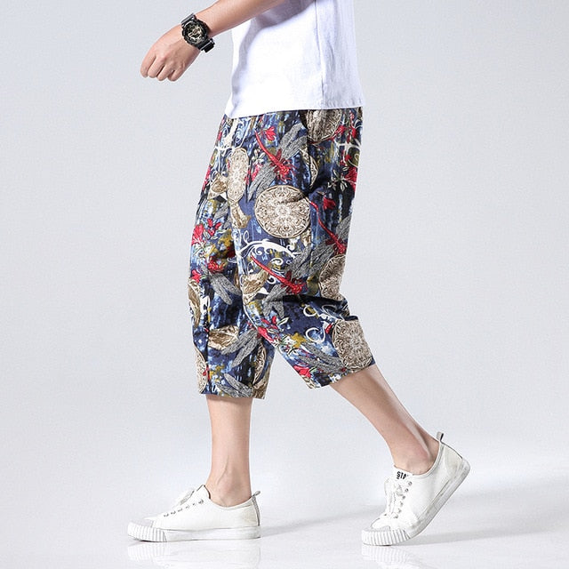 Streetwear New Chinese Style Male Printed Harem Pants Men Calf Length Cotton Linen Bermuda Masculina Male Pants | Vimost Shop.