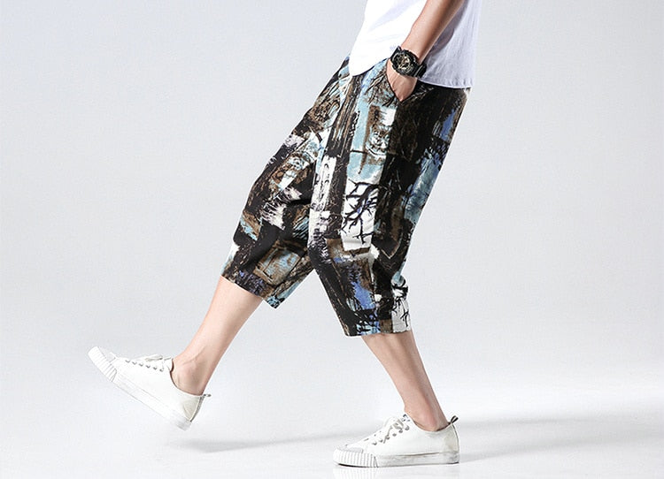 Streetwear New Chinese Style Male Printed Harem Pants Men Calf Length Cotton Linen Bermuda Masculina Male Pants | Vimost Shop.