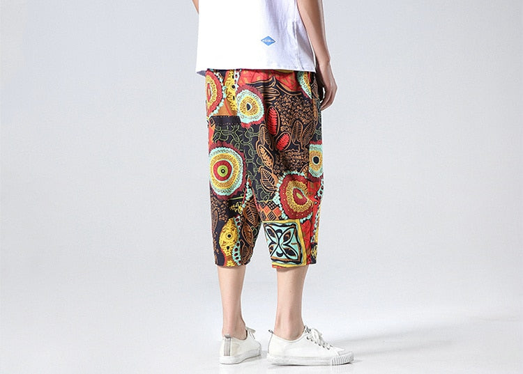 Streetwear New Chinese Style Male Printed Harem Pants Men Calf Length Cotton Linen Bermuda Masculina Male Pants | Vimost Shop.