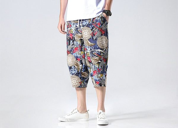 Streetwear New Chinese Style Male Printed Harem Pants Men Calf Length Cotton Linen Bermuda Masculina Male Pants | Vimost Shop.