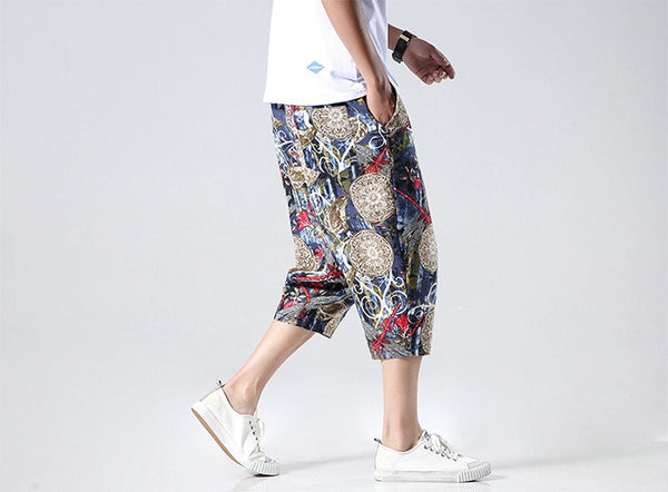 Streetwear New Chinese Style Male Printed Harem Pants Men Calf Length Cotton Linen Bermuda Masculina Male Pants | Vimost Shop.