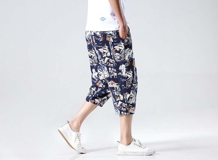 Streetwear New Chinese Style Male Printed Harem Pants Men Calf Length Cotton Linen Bermuda Masculina Male Pants | Vimost Shop.