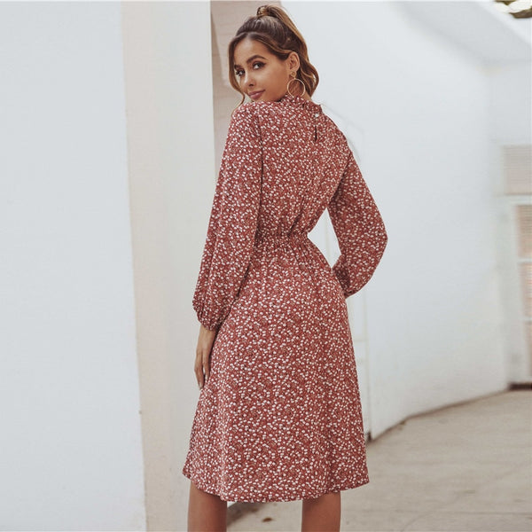 Red Ditsy Floral Print Stand Collar Casual Dress Women Spring High Waist Bishop Sleeve A Line Frill Midi Dresses | Vimost Shop.