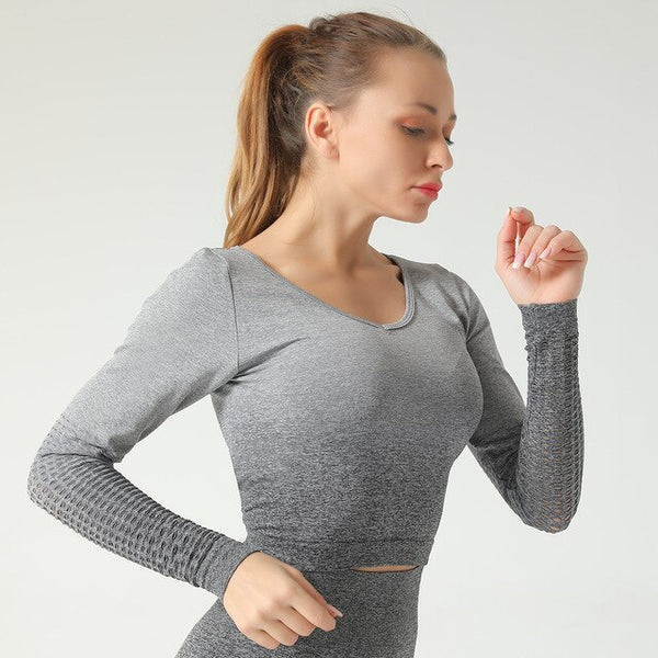 Ombre Seamless 2 PCS Set Women Sport Suit Gym Workout Long Sleeve Shirts Fitness Crop Top Scrunch Butt Leggings Hollow Yoga Set | Vimost Shop.