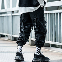 Multi-pocket Hip Hop Harem Pants Men Elastic Waist Trousers Joggers Casual Loose Ribbons Cargo Pants Sweatpants